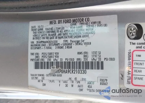 2012 Ford Fusion Se from USA, damaged, VIN 3FAHP0HA9CR210330